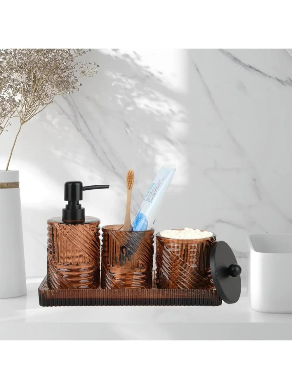 Stylish Amber Glass Bathroom Accessories Set - 4 Pcs Lotion Dispenser